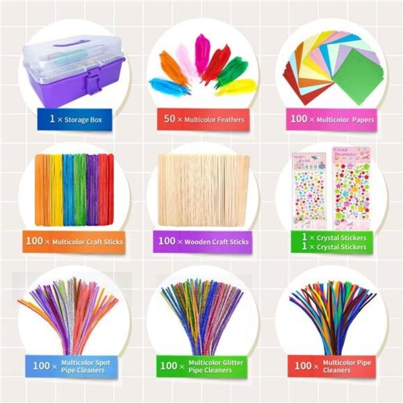 Art Craft Kit for Kids, Age 4 and Over, All-in-One Set with Feathers, Poms,Beads - Picture 2 of 6